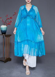 Fashion Blue Ruffled Exra Large Hem Silk Vacation Dresses Summer