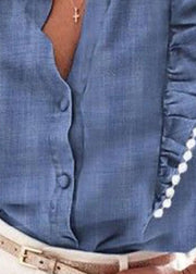 Fashion Blue Ruffled Patchwork Denim Top Short Sleeve