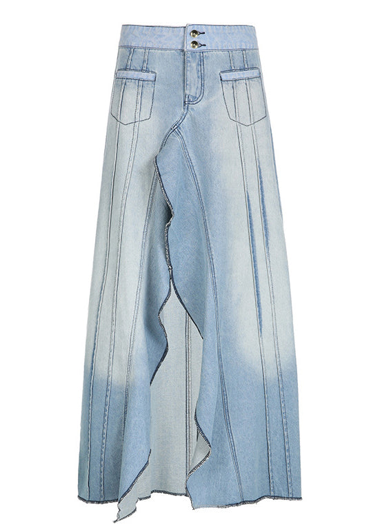 Fashion Blue Ruffled Side Open Patchwork Denim Skirts Summer
