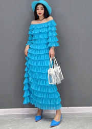 Fashion Blue Slash Neck Layered Ruffles Tulle Long Dresses Half Sleeve