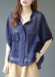 Fashion Blue Stand Collar Pockets Button Chiffon UPF 50+ Coats lantern sleeve