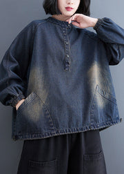 Fashion Blue Stand Collar Pockets drawstring Denim Tops Spring