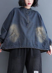 Fashion Blue Stand Collar Pockets drawstring Denim Tops Spring