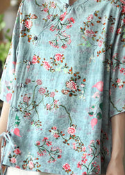 Fashion Blue Stand Collar Print Chinese Button Linen Shirt Half Sleeve