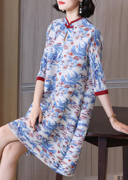 Fashion Blue Stand Collar Print Wrinkled Button Mid Dress Half Sleeve