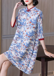 Fashion Blue Stand Collar Print Wrinkled Button Mid Dress Half Sleeve