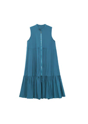 Fashion Blue Stand Collar tie waist Zip Up Mid Dress Spring