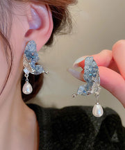 Fashion Blue Sterling Silver Zircon Pearl Crystal Butterfly Water Droplet Drop Earrings