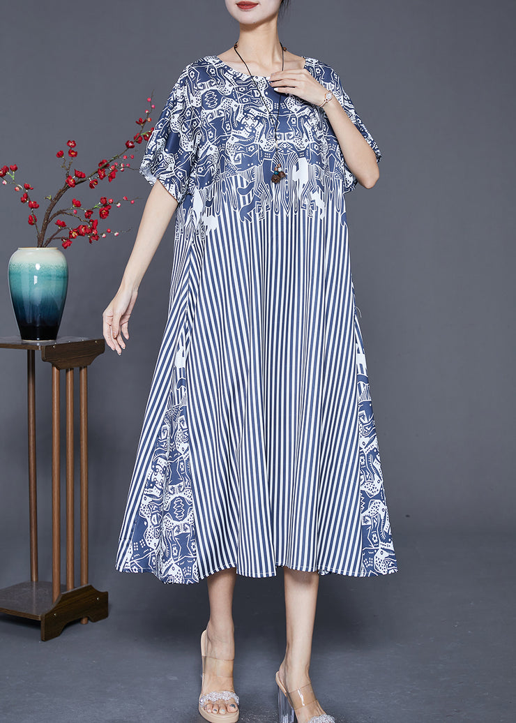 Fashion Blue Striped Patchwork Exra Large Hem Silk Robe Dresses Summer