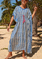 Fashion Blue Striped Print Drawstring Long Holiday Dress Summer