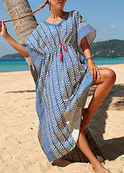 Fashion Blue Striped Print Drawstring Long Holiday Dress Summer