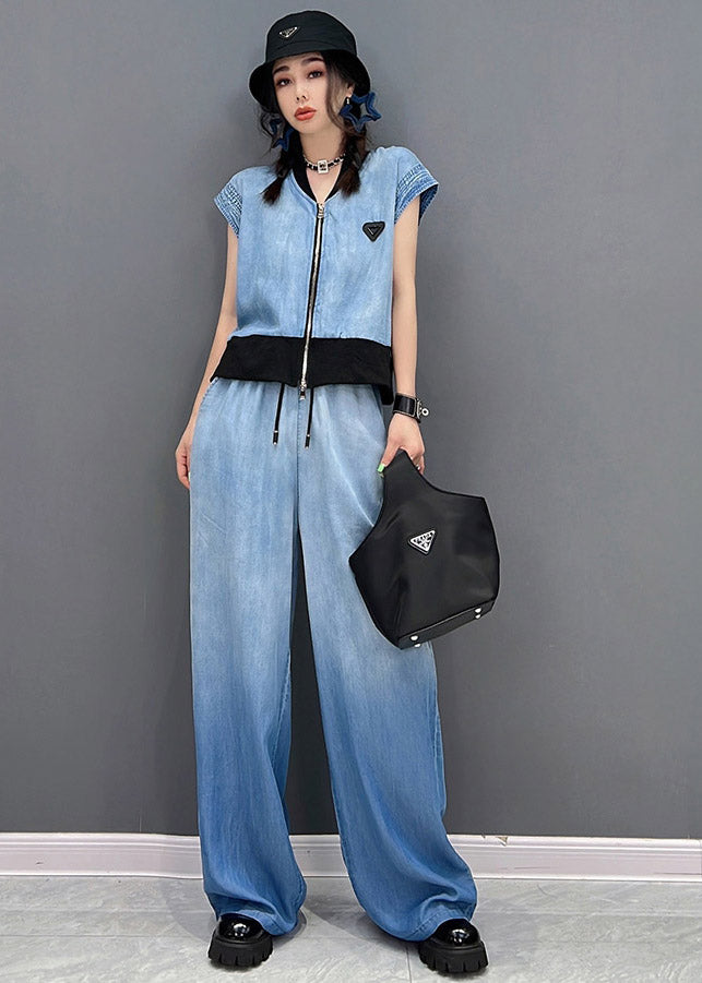 Fashion Blue Up V-Ausschnitt Zip Mäntel und lange Hosen Zweiteiler Sommer