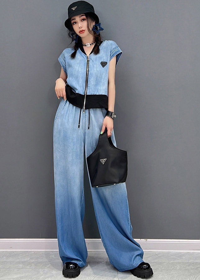 Fashion Blue Up V Neck Zip Coats And Long Pants Two Piece Set Summer