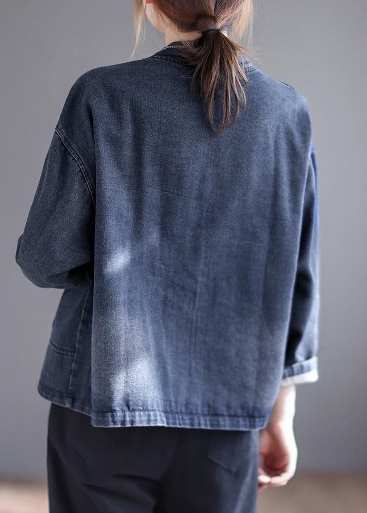 Fashion Blue V Neck Embroidered Patchwork Button Pockets Cotton Denim Coat Long Sleeve