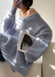 Fashion Blue V Neck Hollow Out Cozy Knit Sweater Tops Spring