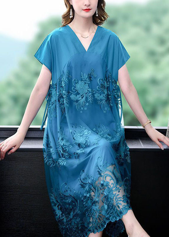 Fashion Blue V Neck Patchwork Tulle Silk Dresses Summer