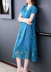 Fashion Blue V Neck Patchwork Tulle Silk Dresses Summer