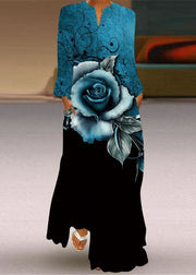 Fashion Blue V Neck Print Chiffon Ankle Dress Spring