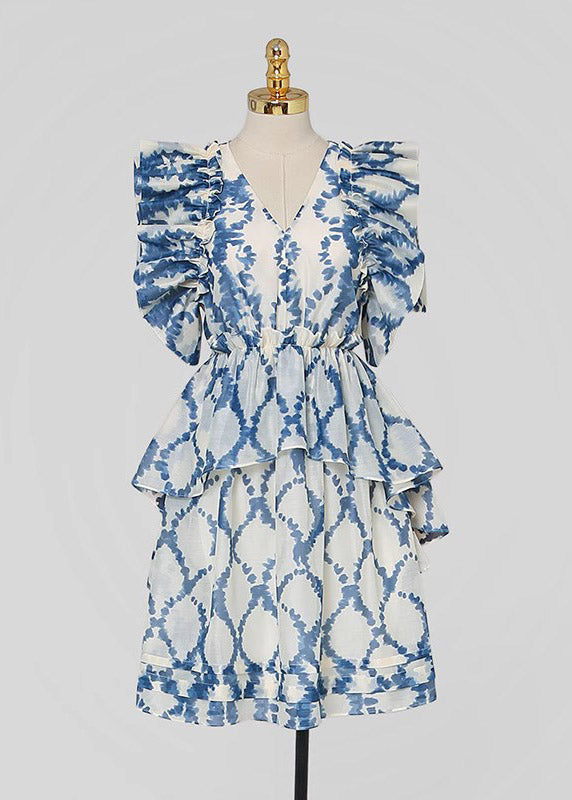 Fashion Blue V Neck Print Ruffled Patchwork Organza Mid Dress Summer