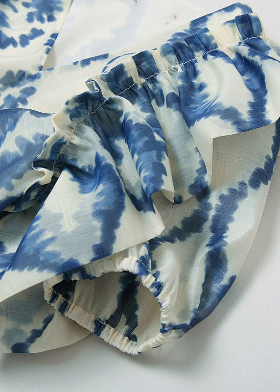 Fashion Blue V Neck Print Ruffled Patchwork Organza Mid Dress Summer