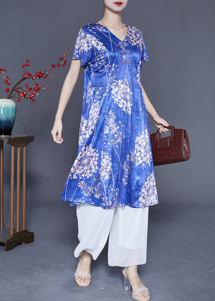 Fashion Blue V Neck Print Silk Holiday Dresses Summer