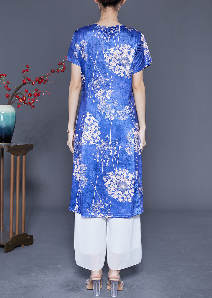 Fashion Blue V Neck Print Silk Holiday Dresses Summer