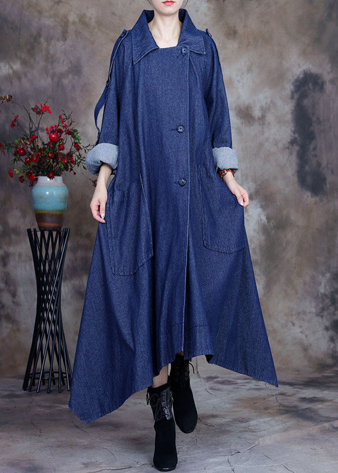 Fashion Blue asymmetrisches Design Knopf Bubikragen Baumwolle Denim Trenchcoats Frühling
