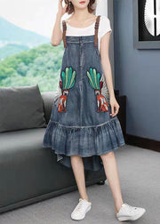 Fashion Blue low high design Embroidered Spaghetti Strap Party Dress Sleeveless