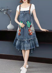 Fashion Blue low high design Embroidered Spaghetti Strap Party Dress Sleeveless