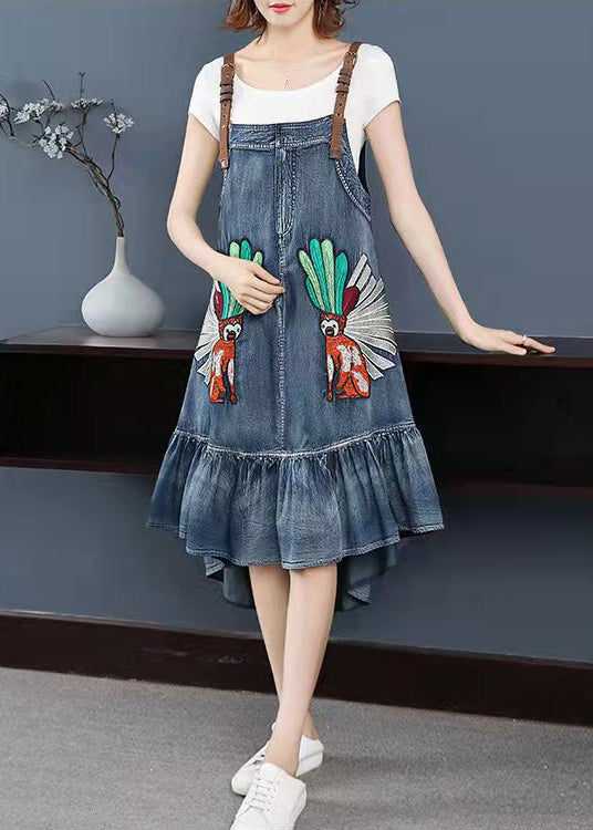 Fashion Blue Low High Design Besticktes Spaghetti-Träger-Partykleid ärmellos