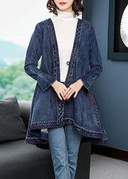 Fashion Blue Low High Design V-Ausschnitt bestickte Baumwoll-Denim-Trenchcoats mit langen Ärmeln