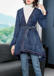 Fashion Blue Low High Design V-Ausschnitt bestickte Baumwoll-Denim-Trenchcoats mit langen Ärmeln