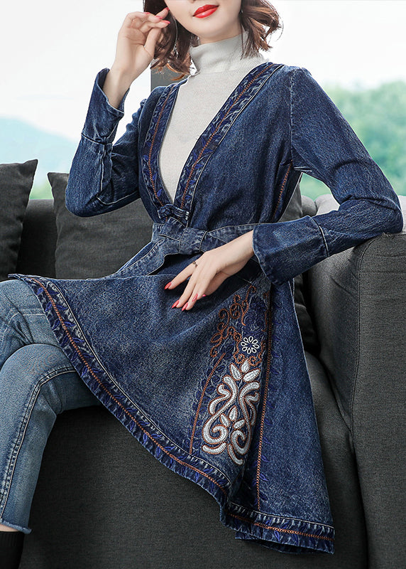 Fashion Blue low high design V Neck Embroidered Cotton Denim trench coats Long Sleeve