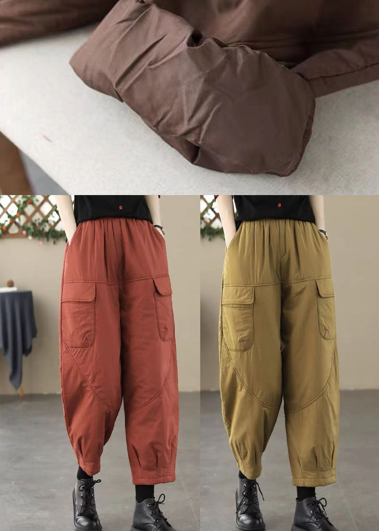 Fashion Brick Red Elastic Waist Pockets Fine Cotton Filled Pants Winter