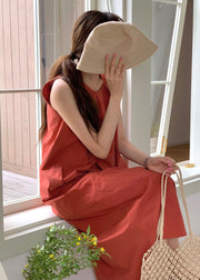 Fashion Brick Red O-Neck Oversized Cotton Beach Dress Sleeveless