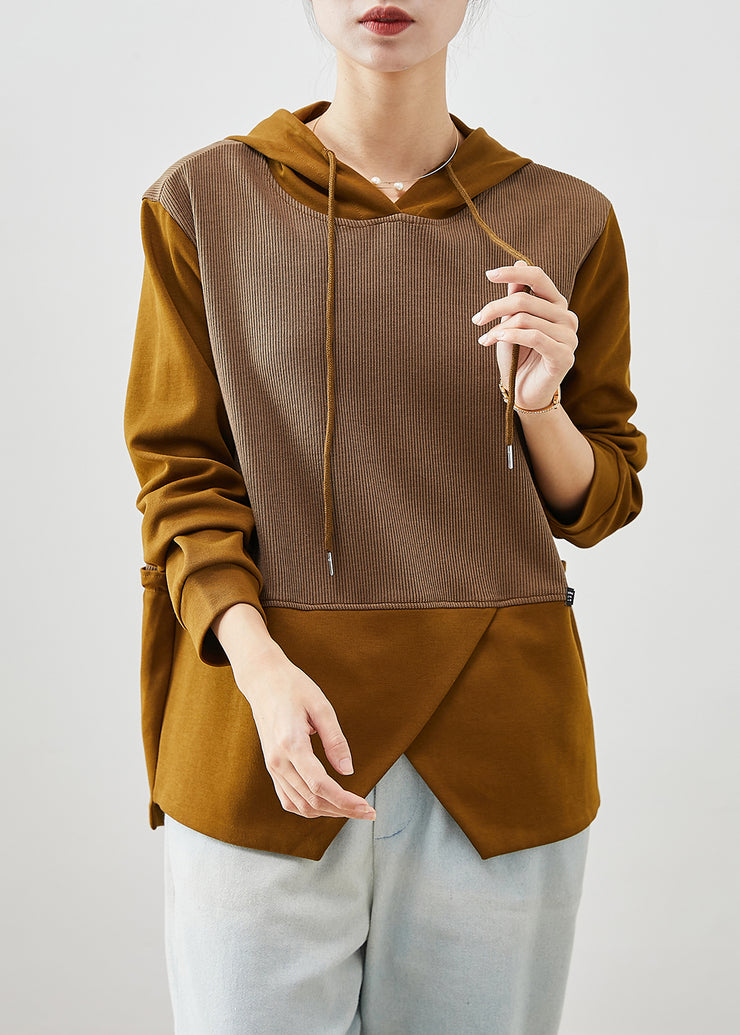 Fashion Brown Asymmetrical Patchwork Cotton Sweatshirts Top Fall