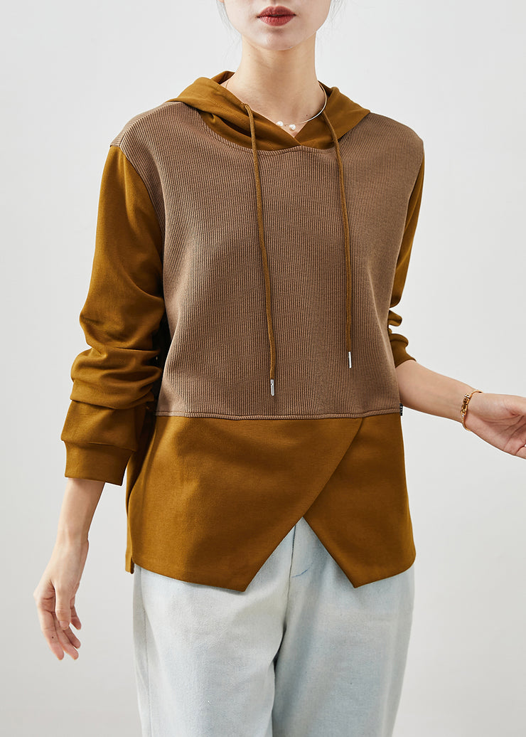 Fashion Brown Asymmetrical Patchwork Cotton Sweatshirts Top Fall