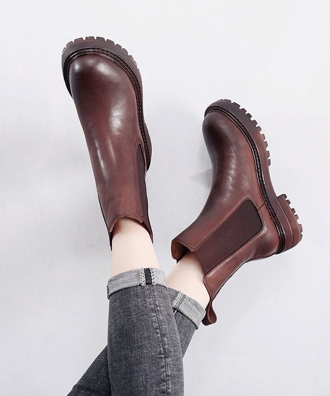 Fashion Brown Chunky Cowhide Leather Fitted Splicing Boots