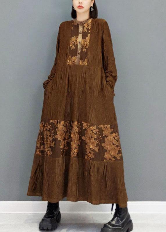 Fashion Brown O-Neck Button Embroideried Ankle Dress Fall Long Sleeve - SooLinen