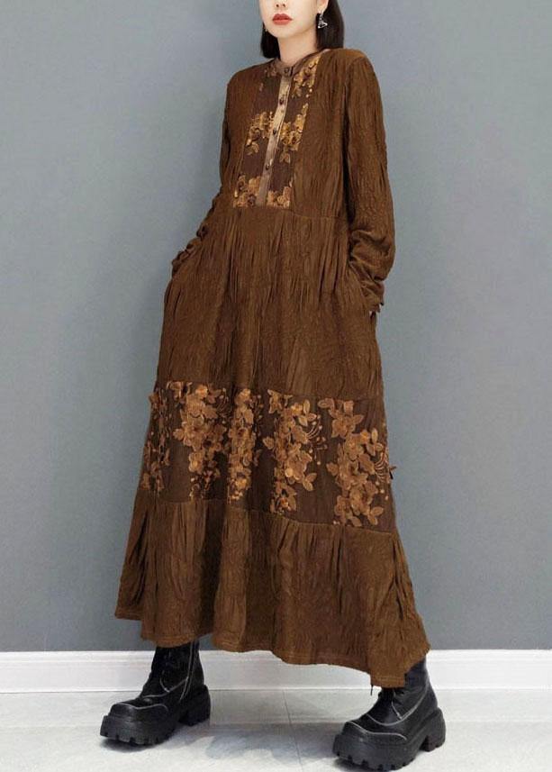 Fashion Brown O-Neck Button Embroideried Ankle Dress Fall Long Sleeve - SooLinen