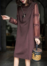 Fashion Brown Ruffled Patchwork Cotton Long Dress Spring
