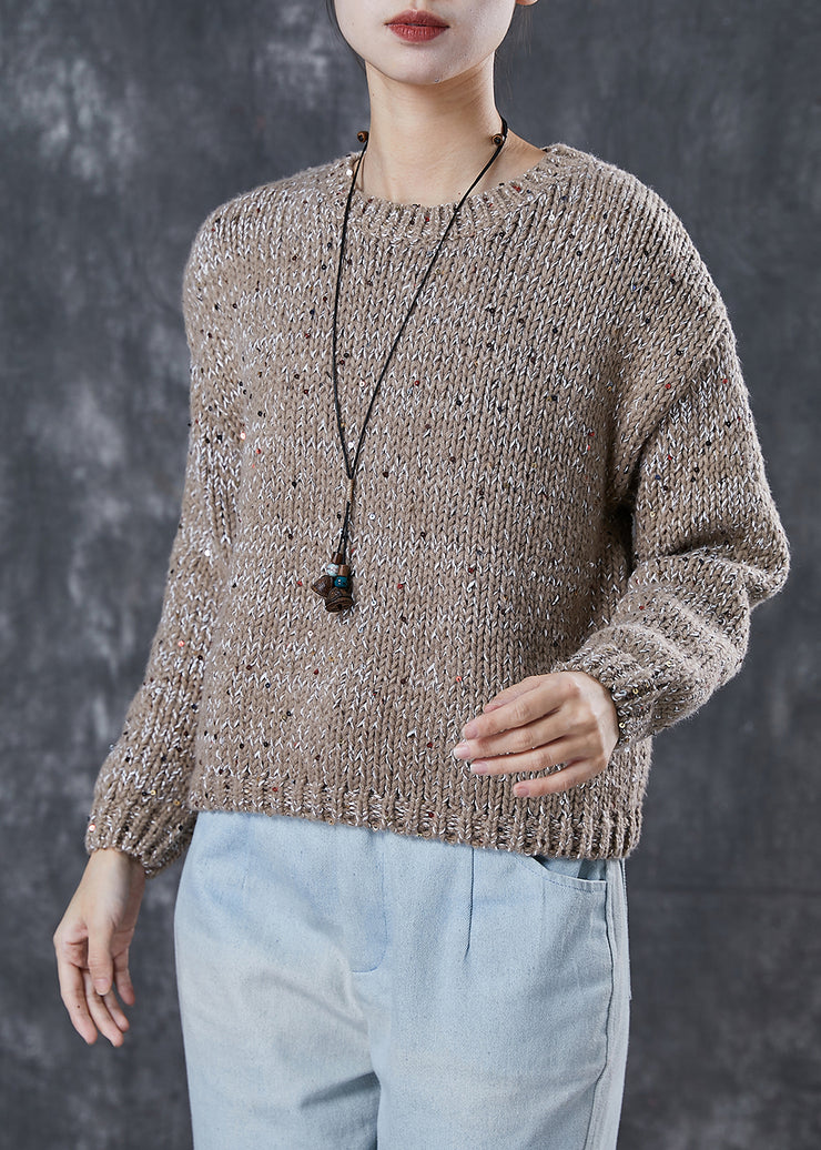 Fashion Brown Sequins Thick Knitted Tops Winter