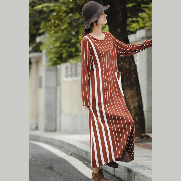 Fashion Brown Striped Baggy Maxi Sweater Dresses For Women