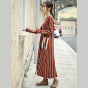 Fashion Brown Striped Baggy Maxi Sweater Dresses For Women