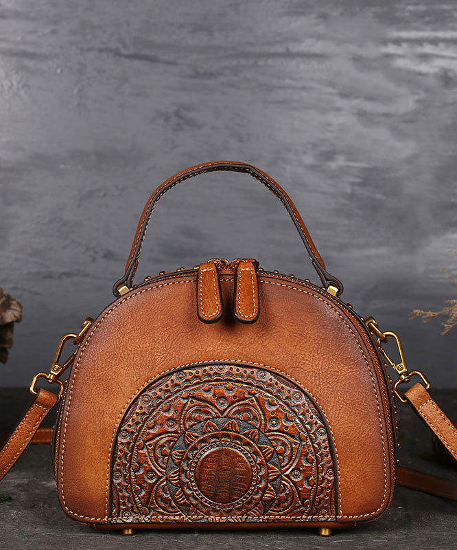 Fashion Brown The Sunflowers Embossing Calf Leather Rivet Tote Handbag