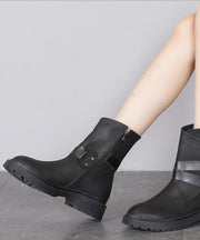 Fashion Buckle Strap Zippered Splicing Platform Boots Black Cowhide Leather