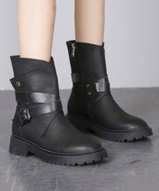Fashion Buckle Strap Zippered Splicing Platform Boots Black Cowhide Leather