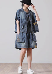 Fashion Button Blue Short Sleeve tops hot pants Denim Two Piece Suit Set - SooLinen