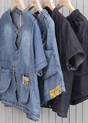 Fashion Button Blue Short Sleeve tops hot pants Denim Two Piece Suit Set - SooLinen