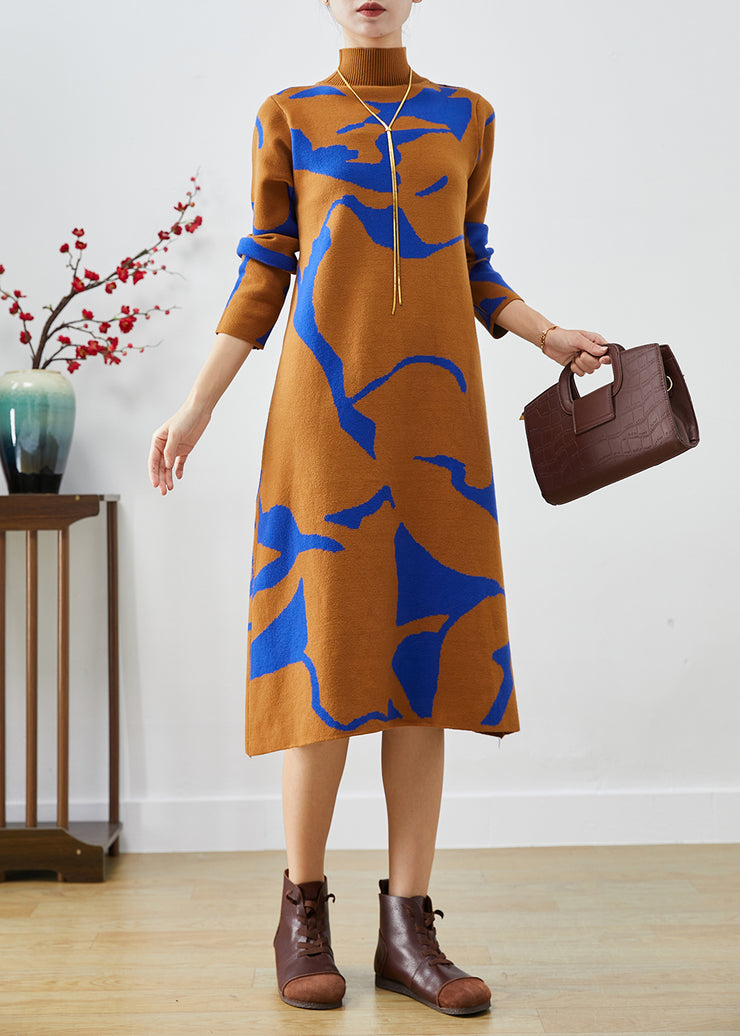 Fashion Camel High Neck Print Knit Dress Fall